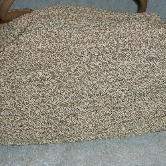 Large Woven Cream Purse Slouch Tote Bag with Matching Wristlet Faux Leather Trim - Picture 6 of 6